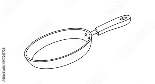 Perspective view of an empty frying pan with a long handle, rendered in a clean black and white line art style for use in kitchen-themed projects.