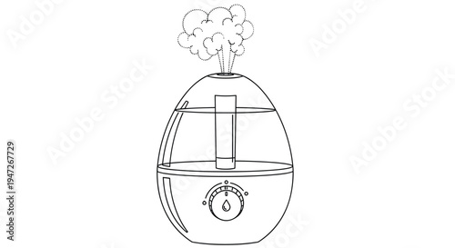 Technical line art illustration of an egg-shaped ultrasonic humidifier with a mist output, control dial, and water droplet icon on a white background.