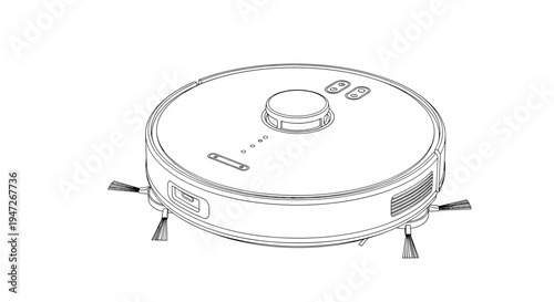 Technical line drawing of a round robotic vacuum cleaner with sensors and brushes, modern household smart cleaning technology.