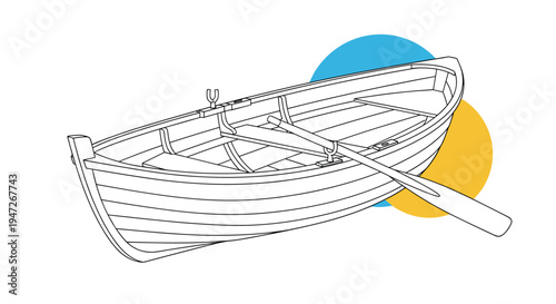 Outline drawing of a wooden rowing boat with oars against a blue and yellow circular background, concept of travel and outdoor recreation.