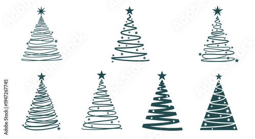 Collection of eight stylized Christmas trees made of swirl lines and stars, minimalist holiday green pine tree designs for winter.