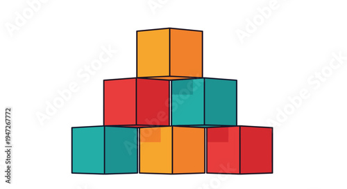 Pyramid of six colorful building blocks in red, orange, and teal green colors, educational construction toy for children and toddlers.
