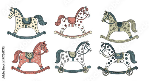 Set of six colorful rocking horses for kids with different patterns and designs, vintage style wooden toys for nursery and playroom.