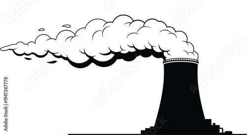 Black silhouette of a nuclear power plant cooling tower with a large thick cloud of smoke, energy production and pollution concept.
