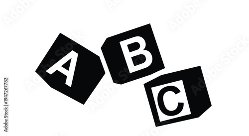 Black silhouettes of three alphabet blocks featuring letters A, B, and C, early childhood education and basic learning concepts.