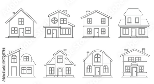 Set of eight simple house icons in line art style with different architectural designs, residential property and real estate concept.