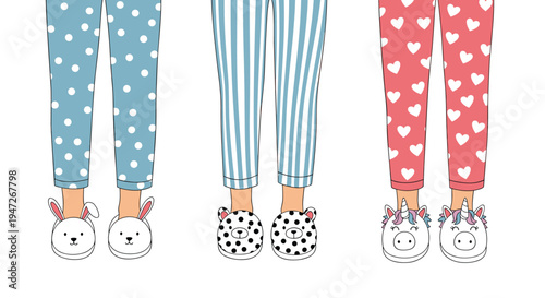 Three sets of legs wearing different patterned pajama pants and matching animal slippers, cozy sleepwear and slumber party fashion.