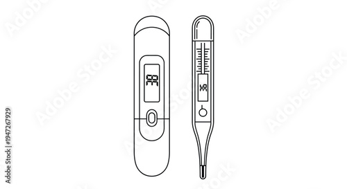 Two medical thermometers showing digital and mercury readings, health care equipment for body temperature measurement.