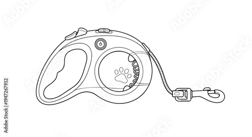 Technical line drawing of a retractable dog leash with a paw print icon, pet care accessory and walking equipment for animals.