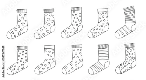 Set of ten hand drawn socks with different patterns including stars, hearts, dots, and stripes, laundry and clothing illustration.