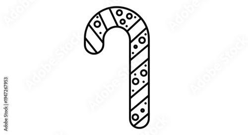 Black and white line drawing of a candy cane with stripes and dots, traditional Christmas holiday sweet treat and decoration.