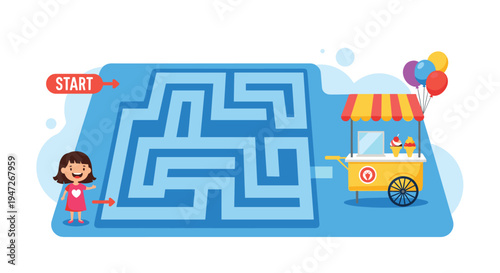 Cartoon girl standing in front of a blue maze game leading to a colorful ice cream cart, educational puzzle activity for children.