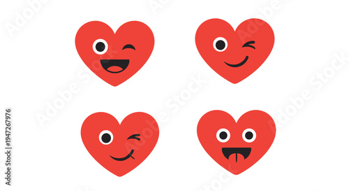 Four cute red hearts with different expressive faces featuring winks and big smiles isolated on a clean white background.
