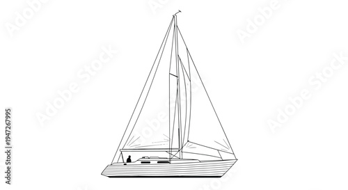 Minimalist black and white line drawing of a sailing yacht floating peacefully on gentle ocean waves under the bright sun.