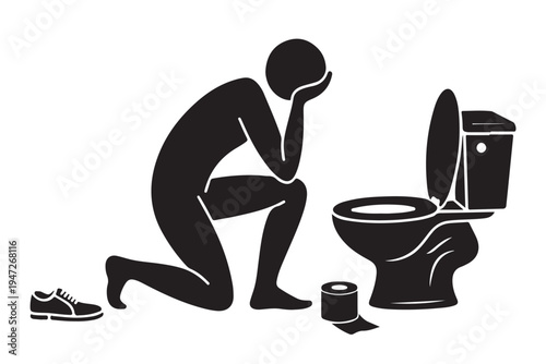 Silhouette of person feeling unwell kneeling by toilet experiencing nausea or sickness with tissue roll and shoes nearby