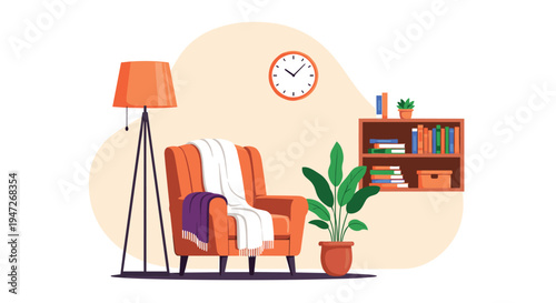 Cozy living room interior scene featuring an orange upholstered armchair, a tall floor lamp, and a wooden bookshelf with books.
