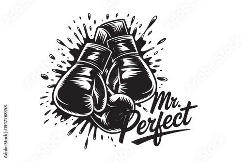 Vector illustration of boxing gloves and ball, typography 'Mr Perfect', sport, fitness, strength, championship, athletic, vintage style
