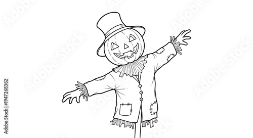 Black and white line drawing of a friendly Halloween scarecrow with a carved jack-o-lantern head and a large top hat.