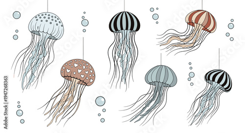 Group of colorful jellyfish with various patterns and long tentacles swimming together in a deep blue underwater environment.