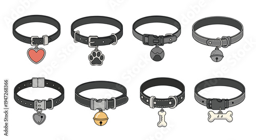 Set of eight different pet collars for dogs and cats with various charms like hearts, paws, bells, and small white bones.