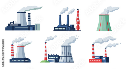 Diverse set of flat design industrial factory icons featuring various smoking chimneys and large power plant cooling towers.