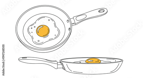Perspective line drawing of a fried egg in a frying pan shown from both top and side views with a bright orange yolk.