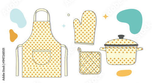 Essential kitchen accessories including a polka dot apron, oven mitt, pot holder, and cooking pot on a decorative background.