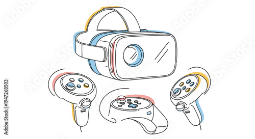 Virtual reality headset and handheld controllers depicted in a clean line art style with subtle color accents for tech concepts.