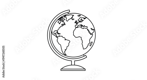 Minimalist outline of a terrestrial globe showing the continents of the world in a simple black and white vector design.