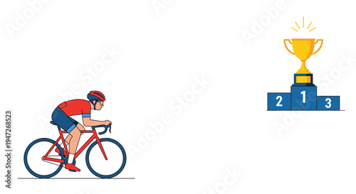 Professional cyclist racing towards a victory podium with a gold trophy representing athletic achievement and competitive sports success.
