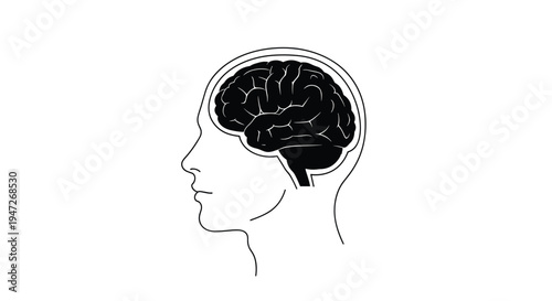 Profile silhouette of a human head containing a dark brain illustration representing psychology, intelligence, and neurological health concepts.