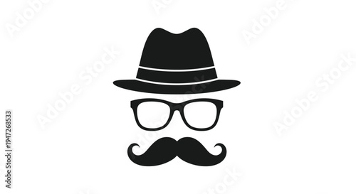 Black silhouette of a man head wearing a classic fedora hat, glasses, and a mustache representing a retro or detective style.