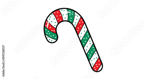Traditional christmas candy cane with red and green stripes and white spots for holiday treats and festive winter season decoration.