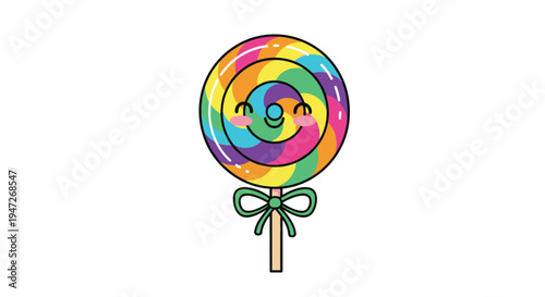 Adorable colorful lollipop character with a smiling face and a green bow on a stick for sweet treat and candy shop themes.