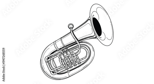 Intricate black and white line art illustration of a tuba musical instrument showcasing the complex tubing and valves in detail.