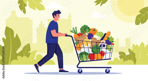 Happy man pushing a large shopping cart overflowing with fresh vegetables and groceries through a city park area during a sunny day.