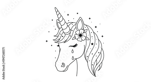 Crying unicorn head illustration with floating stars in a black and white line art style suitable for coloring or emotional themes.