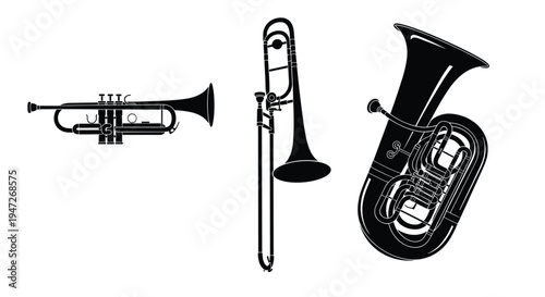 Set of brass instrument silhouettes including a trumpet, trombone, and tuba for music, orchestra, and band related graphic designs.