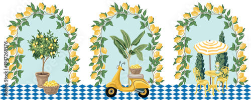 Italian cafe, gelato, lemon tree, scooter, banana tree arch seamless border. Summer resort print.