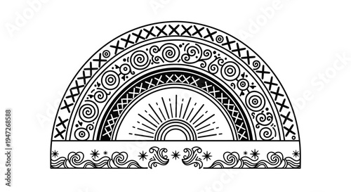 Detailed mandala semi-circle design with intricate patterns, swirls, and waves for mindfulness, meditation, and adult coloring projects.