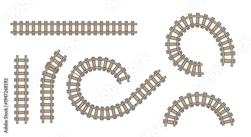 Various sections of wooden toy train tracks including straight, curved, and circular pieces for building complex railway layouts for children.