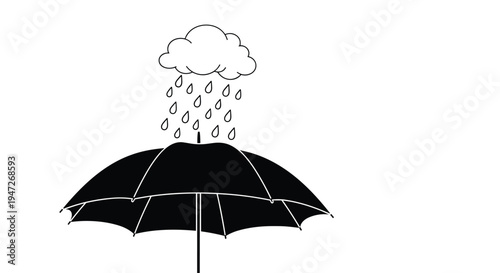 Simple black umbrella silhouette protecting from falling raindrops from a small white cloud symbolizing rainy weather and protection.