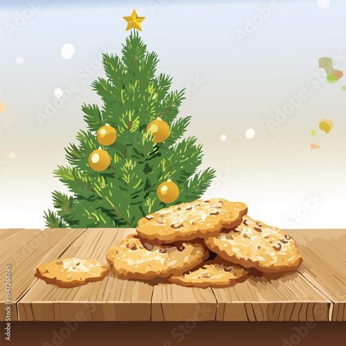 Christmas cookies and tree on a wooden table vector illustration