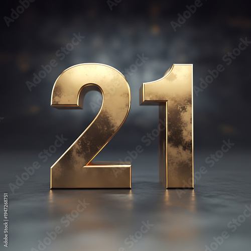 A luxurious metallic gold number twenty-one rests on a dark textured background.