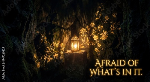 Glowing golden lantern in a dark cave revealing shadows as blooming flowers, a metaphor for facing the unknown and changing perception.