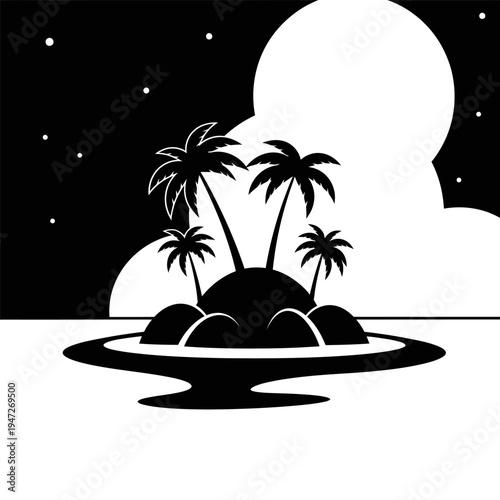 Tropical Island Paradise at Night with Palm Trees and Stars