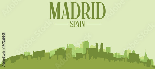 Green panoramic poster of the city skyline with solid background buildings on a hilly terrain of MADRID, SPAIN