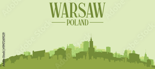 Green panoramic poster of the city skyline with solid background buildings on a hilly terrain of WARSAW, POLAND