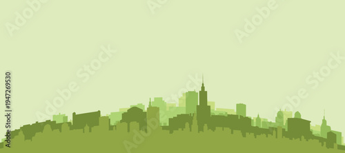 Green panoramic poster of the city skyline with solid background buildings on a hilly terrain of WARSAW, POLAND