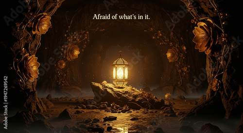 Glowing golden lantern in a dark cave revealing shadows as blooming flowers, a metaphor for facing the unknown and changing perception.